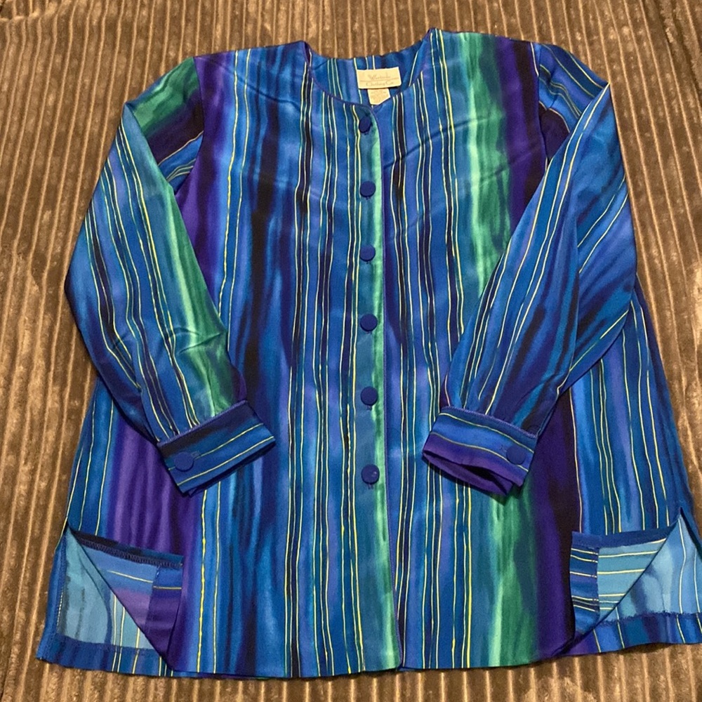 Vintage Westside Clothing Co. Long Sleeve Button Up Stripe Blue Green Blouse 18